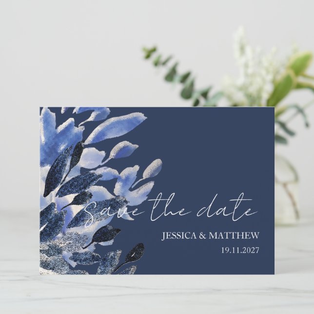 Elegant Beautiful Swan In Navy Blue Wedding Save The Date (Standing Front)