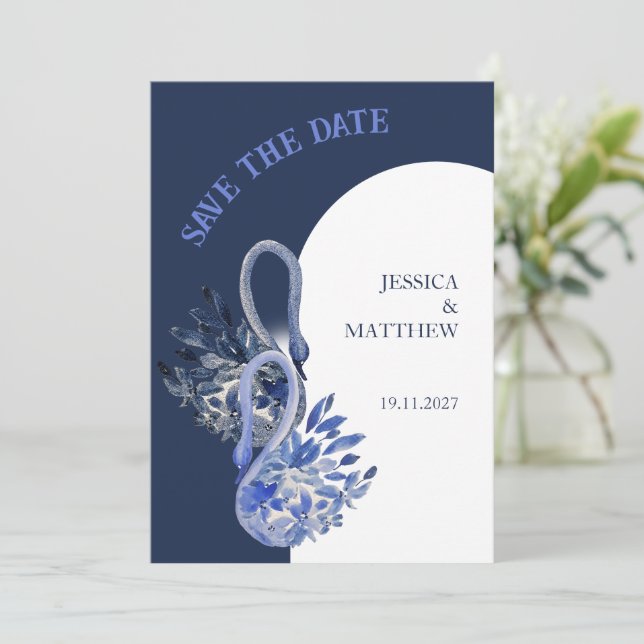 Elegant Beautiful Swan In Navy Blue Wedding Save The Date (Standing Front)