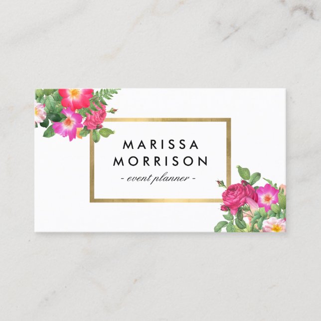 Elegant Beauty Florals White and Faux Gold Business Card (Front)