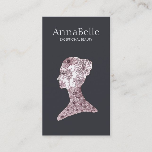 Elegant Beauty Girl's Face Hand Drawn Floral Salon Business Card (Front)