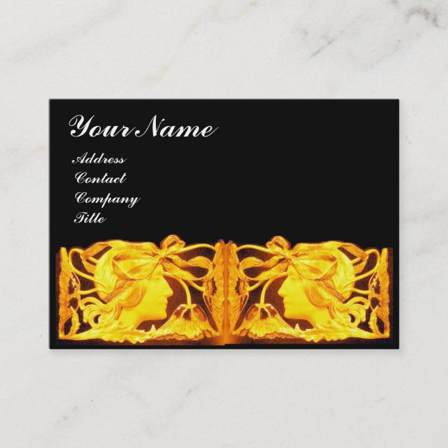 ELEGANT BEAUTY /LADY WITH GOLD YELLOW  BOW.FLOWERS BUSINESS CARD (Front)