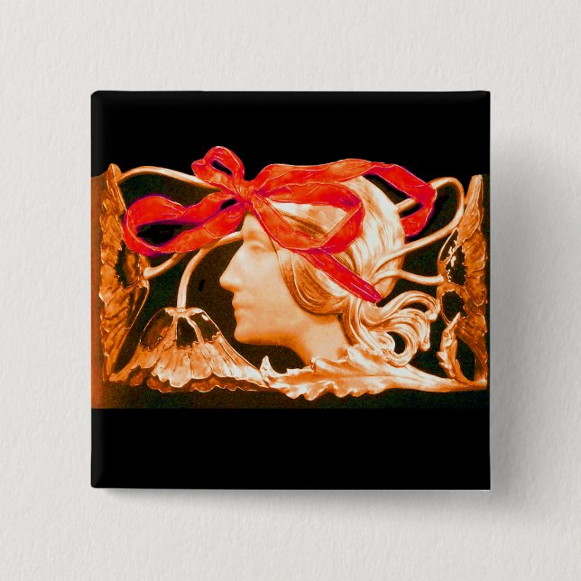 ELEGANT BEAUTY / LADY WITH RED BOW AND FLOWERS 15 CM SQUARE BADGE (Front)