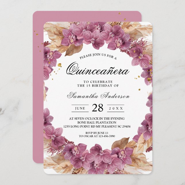 Elegant Beauty Pink Watercolor Orchid & Pampas Invitation (Front/Back)