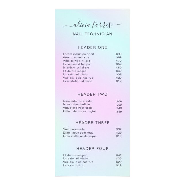 Elegant Beauty Salon Holographic Price List Rack Card (Front)