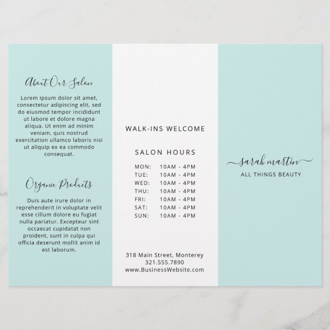 Elegant Beauty Salon Turquoise Trifold Brochure (Front)