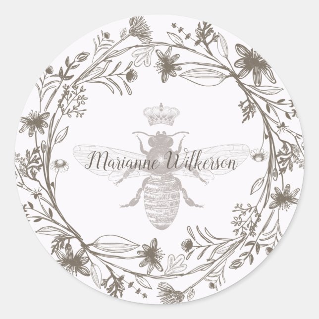 Elegant Bee And Crown Name Classic Round Sticker (Front)