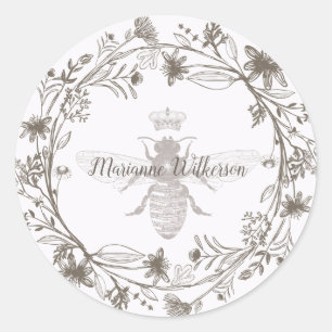 Elegant Bee And Crown Name Classic Round Sticker