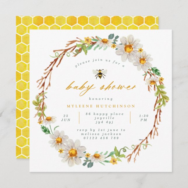 Elegant Bee and Daisies Baby Shower Invitation (Front/Back)