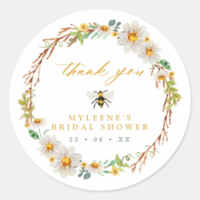 Elegant Bee and Daisies Bridal Shower Classic Round Sticker (Front)