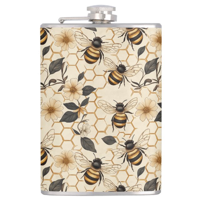 Elegant Bee and Honeycomb Pattern Hip Flask (Front)