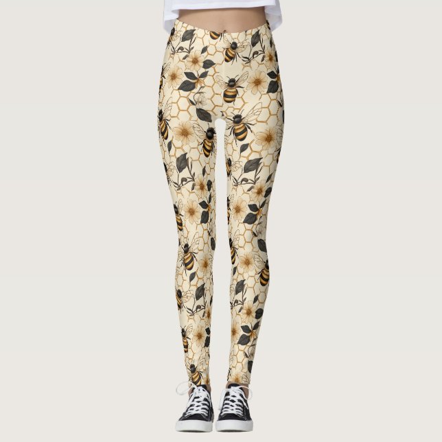 Elegant Bee and Honeycomb Pattern Leggings (Front)