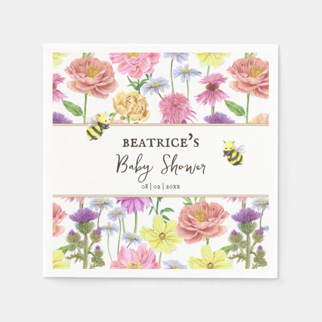 Elegant Bee and Wildflower Baby Shower Napkin (Front)