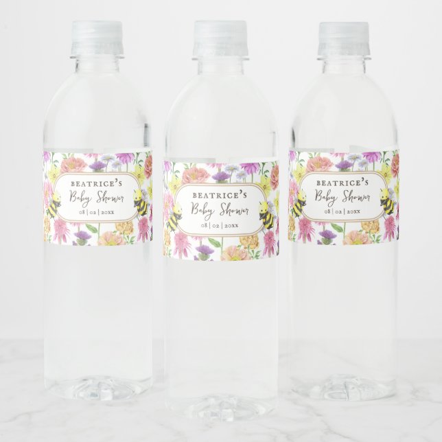 Elegant Bee and Wildflower Baby Shower Water Bottle Label (Bottles)