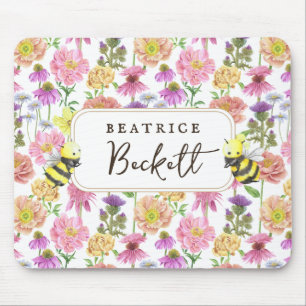 Elegant Bee and Wildflower Watercolor Pattern Mouse Pad