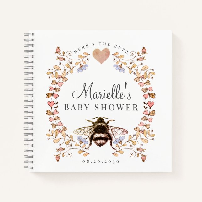 Elegant Bee Floral Heart Baby Shower Guest Notebook (Front)