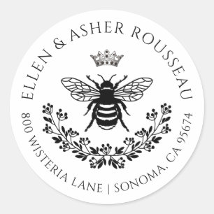 Elegant Bee Floral Newlyweds Name Logo Classic Round Sticker
