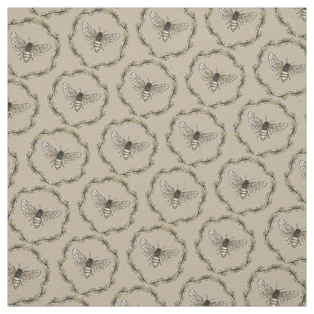 Elegant Bee Pattern Tan Cotton Fabric (Swatch)