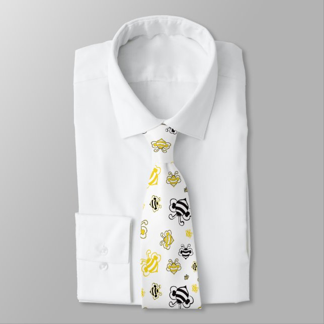 Elegant Bee Pattern Tie – Hand-Drawn Nature Art  (Tied)