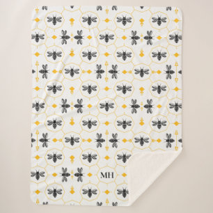 Elegant Bee Pattern Yellow Modern Black Monogram Sherpa Blanket