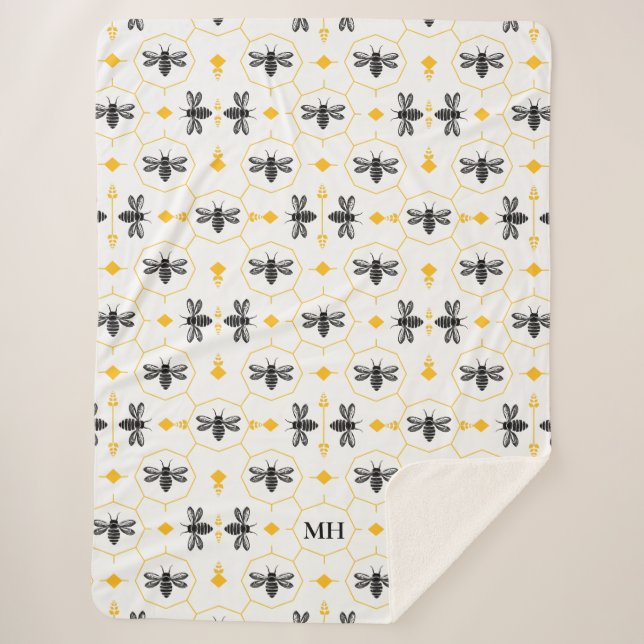 Elegant Bee Pattern Yellow Modern Black Monogram Sherpa Blanket (Front)