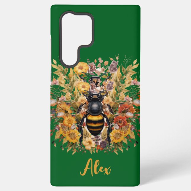Elegant Bee & Sunflowers with Custom Name Samsung Galaxy S22 Ultra Case (Back)