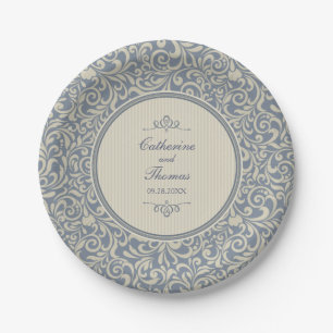 Elegant Beige and Blue Baroque Pattern Wedding Paper Plate
