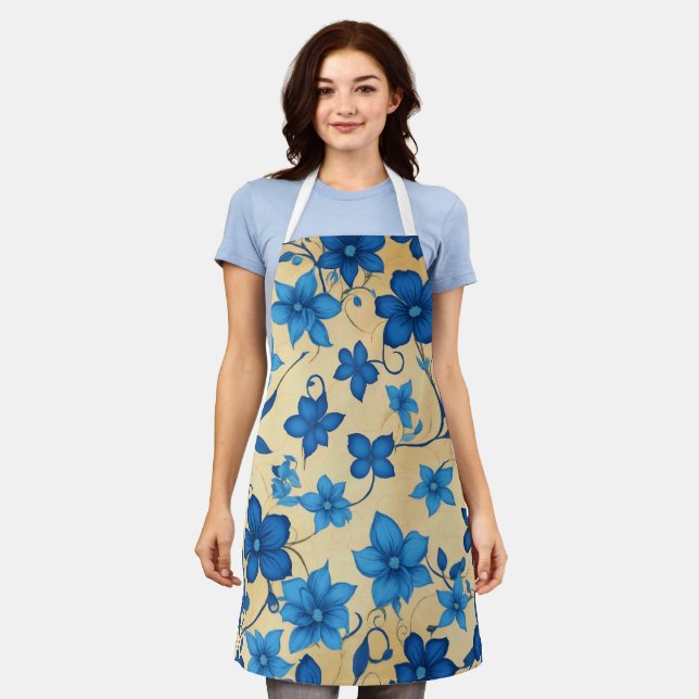 Elegant Beige and Blue Floral Apron for Kitchen  (Worn)