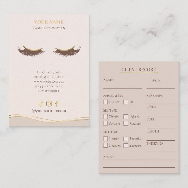 Elegant Beige and gold Lash Client Record Form Business Card (Front/Back)