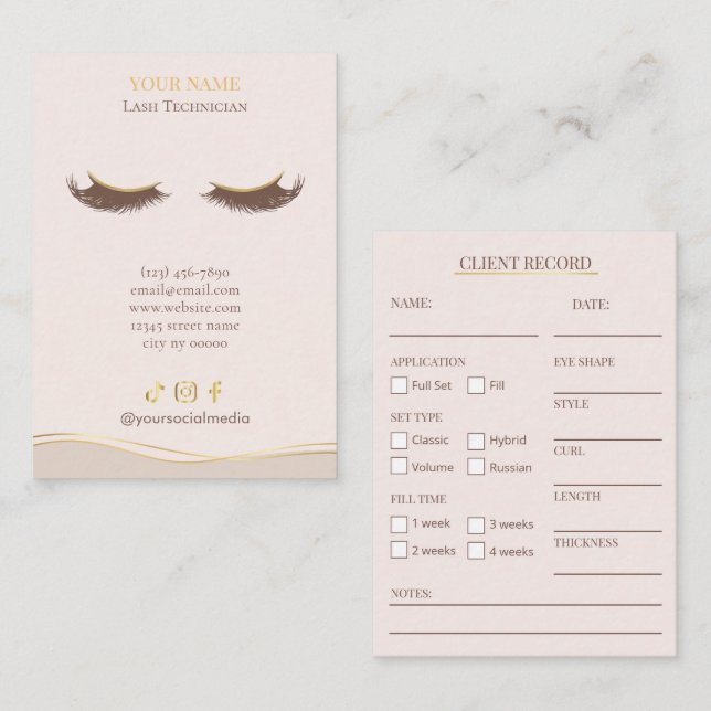 Elegant Beige and gold Lash Client Record Form Business Card (Front/Back)