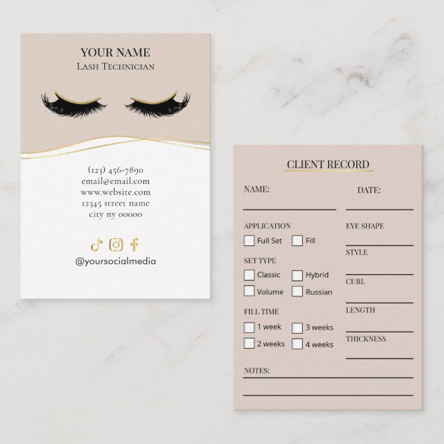 Elegant Beige and gold Lash Client Record Form Business Card (Front/Back)
