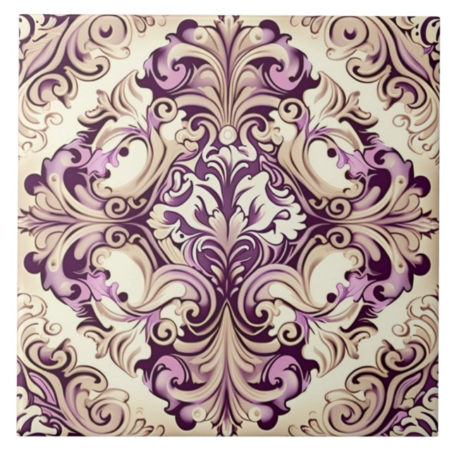 Elegant Beige and Pink Baroque Damask Ceramic Tile (Front)