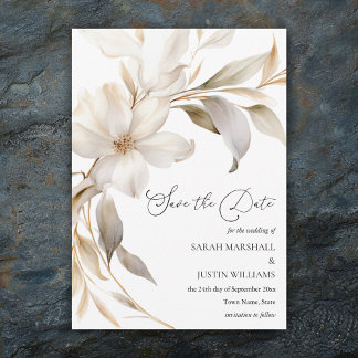 Elegant Beige and White Watercolor Floral Wedding Save The Date