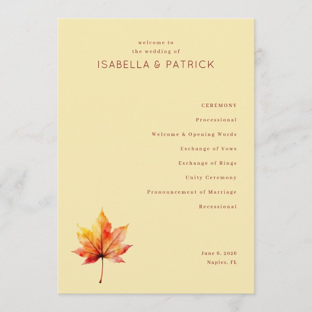 Elegant Beige Autumn Leaf Wedding Ceremony Program (Front)