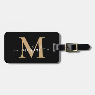 Elegant Beige & Black Monogram Script Name Luggage Tag