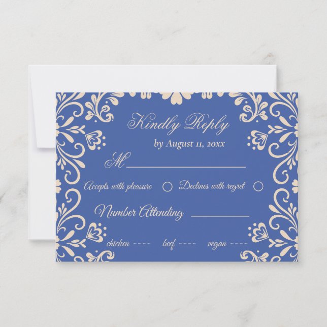Elegant Beige Blue Wedding RSVP Card (Front)