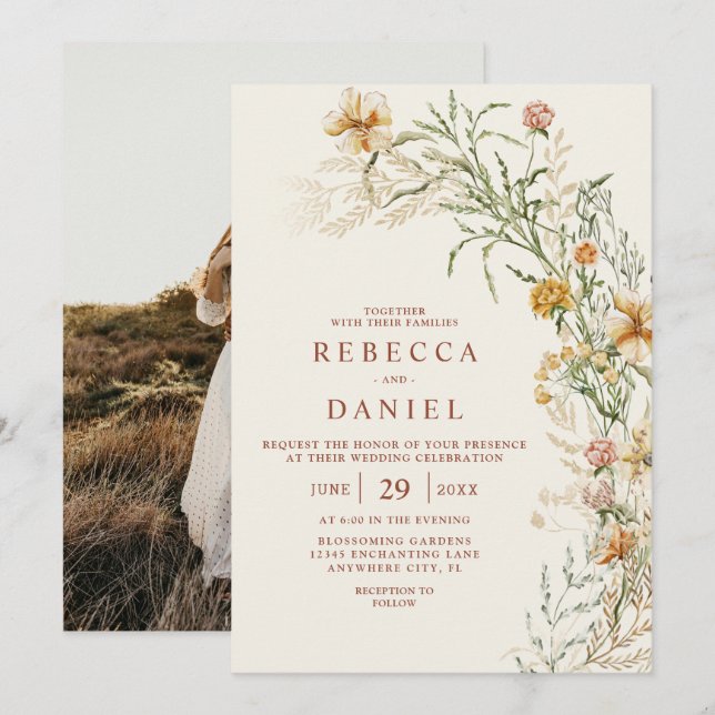 Elegant Beige Boho Floral Photo Wedding Invitation (Front/Back)