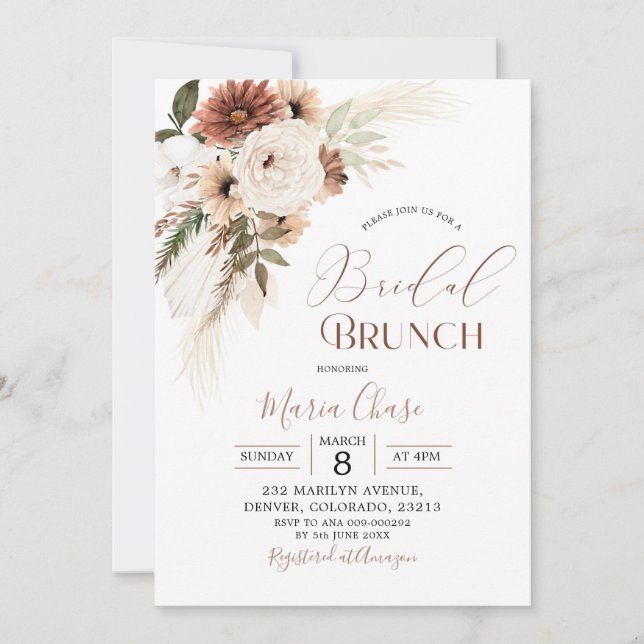 Elegant Beige Boho Pampas Grass Bridal Brunch Invitation (Front)