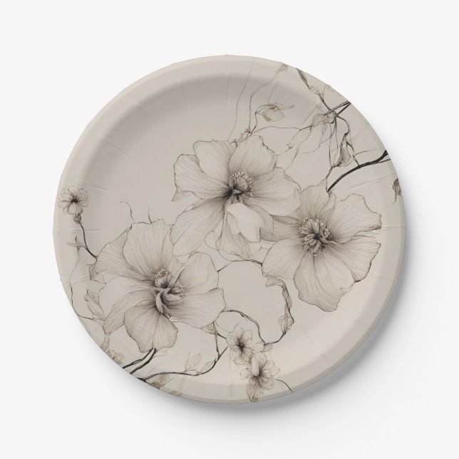 Elegant Beige Boho Style Floral Pattern Paper Plate (Front)