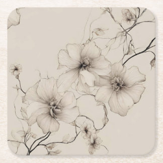 Elegant Beige Boho Style Floral Pattern Square Paper Coaster