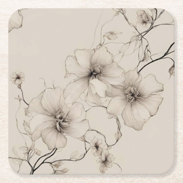 Elegant Beige Boho Style Floral Pattern Square Paper Coaster (Front)
