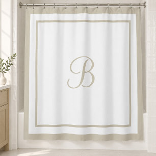 Elegant Beige Border Script Monogram Shower Curtain