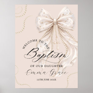 Elegant Beige Bow with Pearl Baptism Welcome Poster