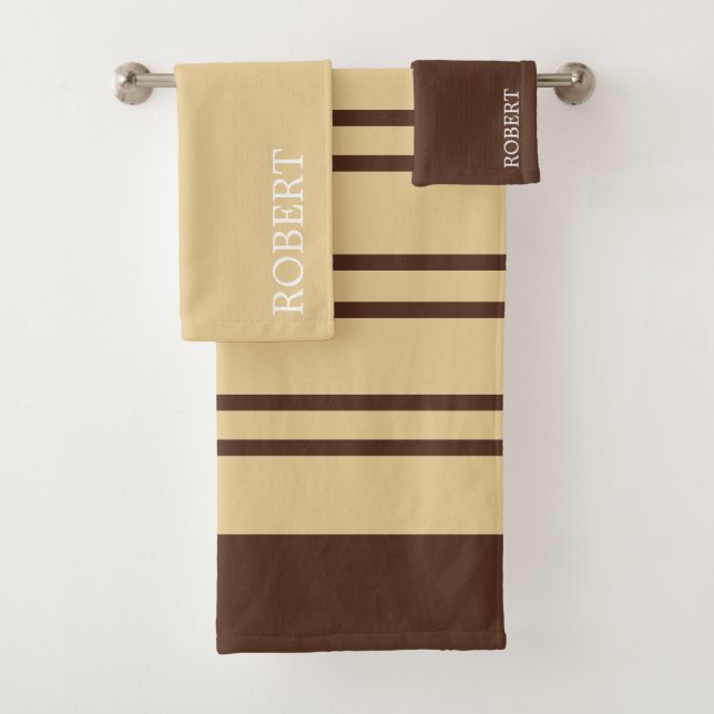 Elegant Beige &Brown Abstract Pattern Custom Name Bath Towel Set (Insitu)
