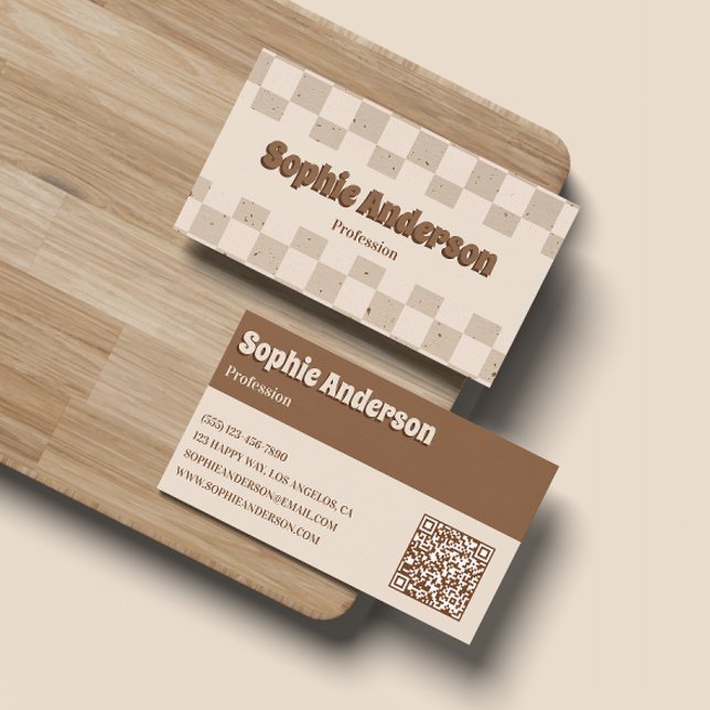 Elegant Beige & Brown Checkerboard with QR Code Business Card (Creator Uploaded)