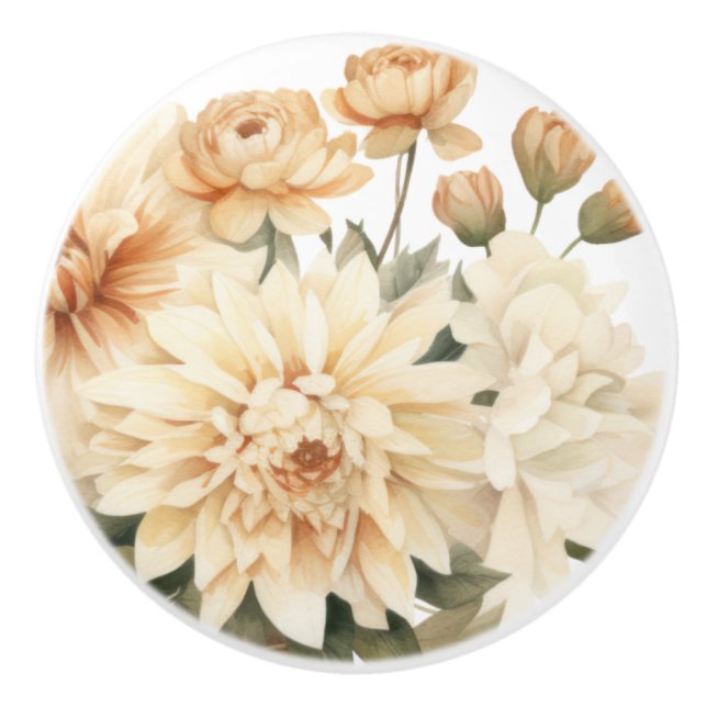Elegant Beige Brown Flowers Floral Ceramic Knob (Front)