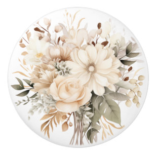 Elegant Beige Brown Flowers Floral Ceramic Knob