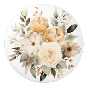Elegant Beige Brown Flowers Floral Ceramic Knob