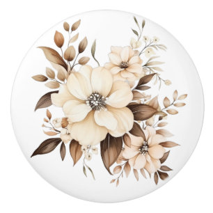 Elegant Beige Brown Flowers Floral Ceramic Knob