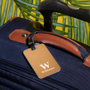 Elegant Beige Brown Leather Texture Monogramm Luggage Tag
