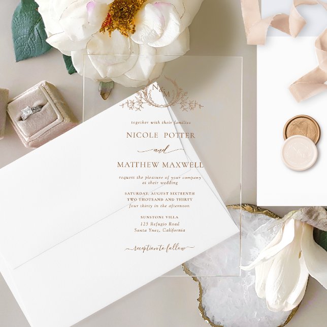 Elegant Beige Brown Royal Crown Wreath Monogram Acrylic Invitations (Creator Uploaded)